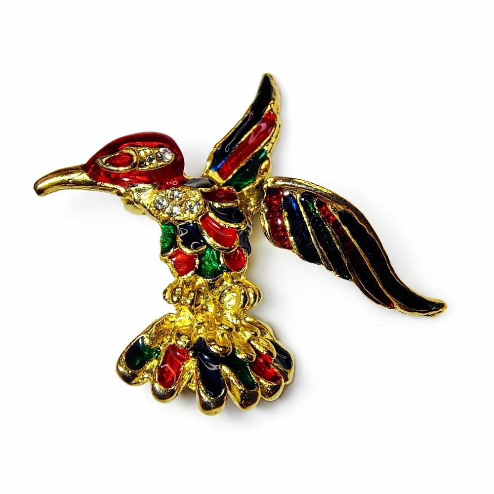 Vintage Hummingbird Brooch – Articulated Wing, Enamel & Rhinestones – Gold Tone‎